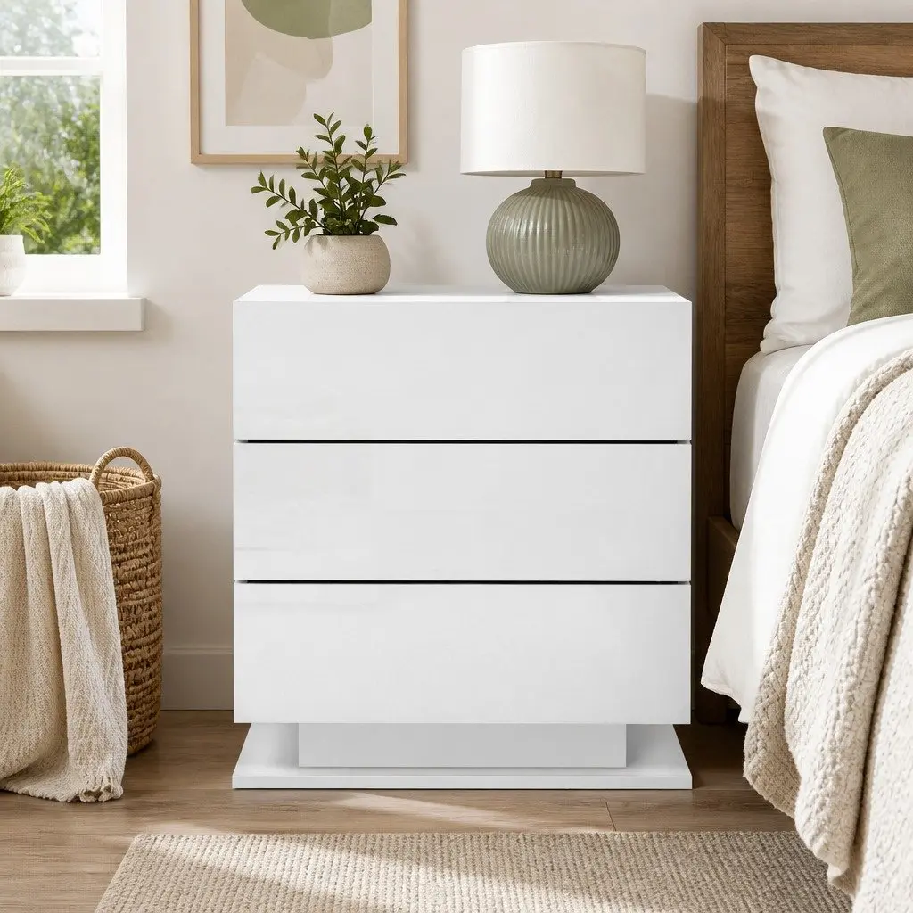 Bedside Table Modern White 3 Drawers LED Lighting Particle Board MDF