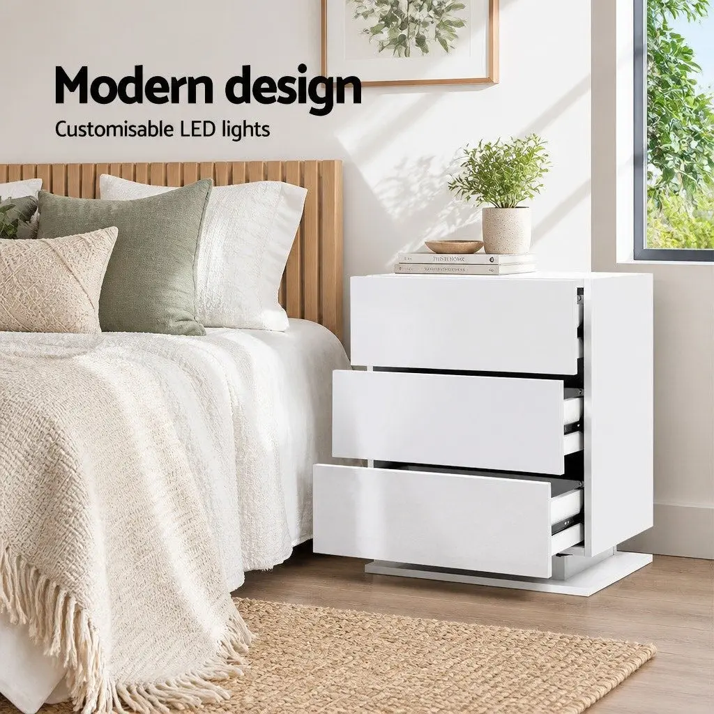 Bedside Table Modern White 3 Drawers LED Lighting Particle Board MDF