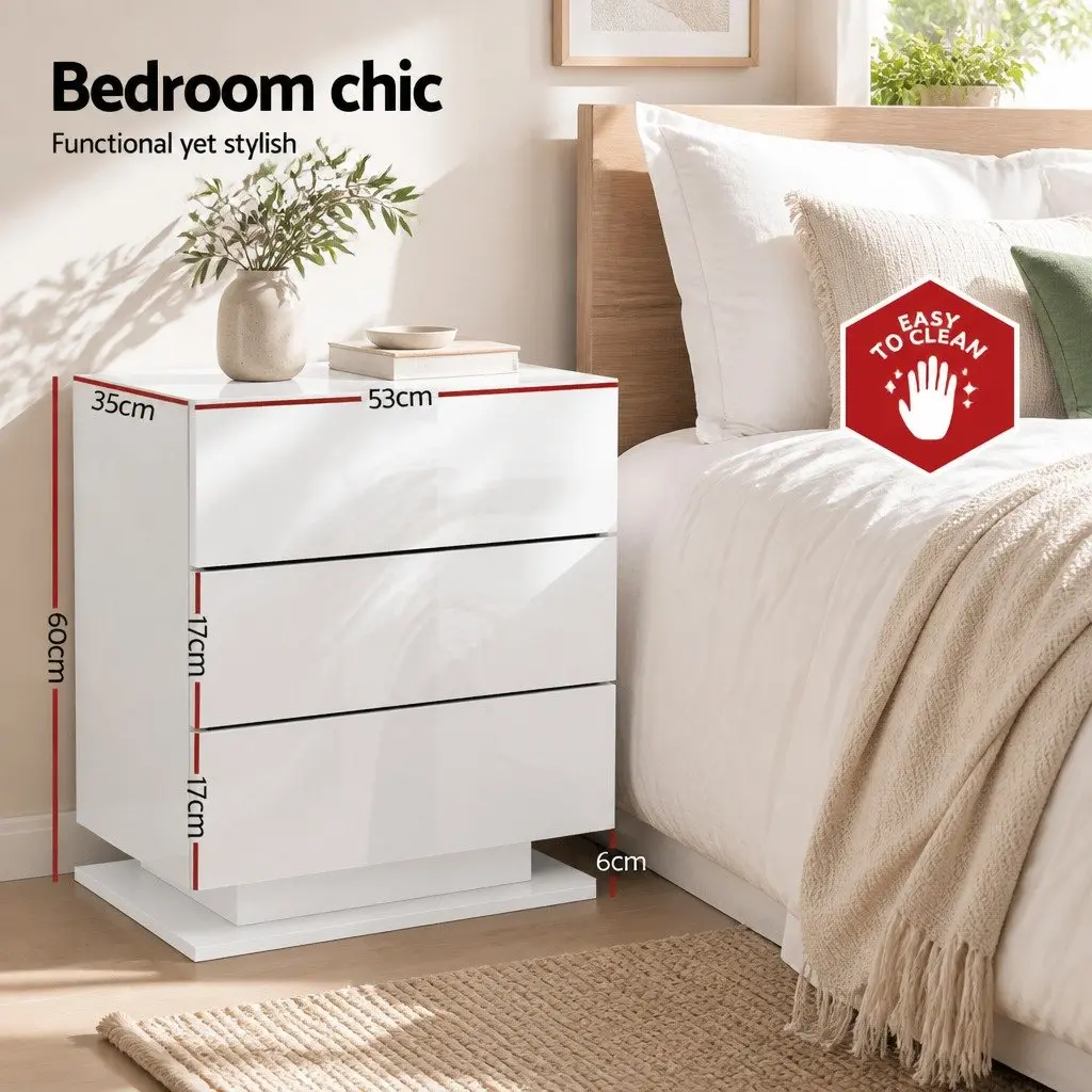 Bedside Table Modern White 3 Drawers LED Lighting Particle Board MDF