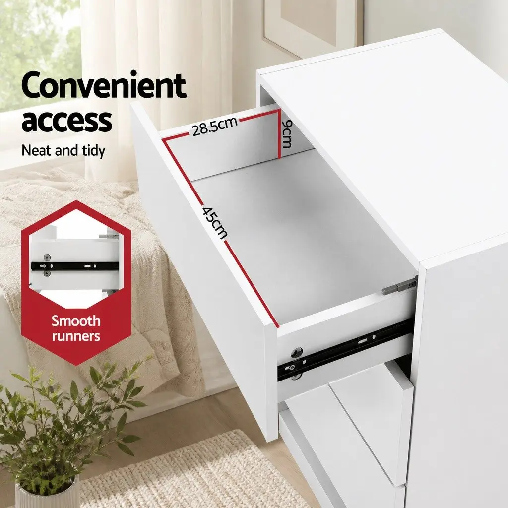 Bedside Table Modern White 3 Drawers LED Lighting Particle Board MDF