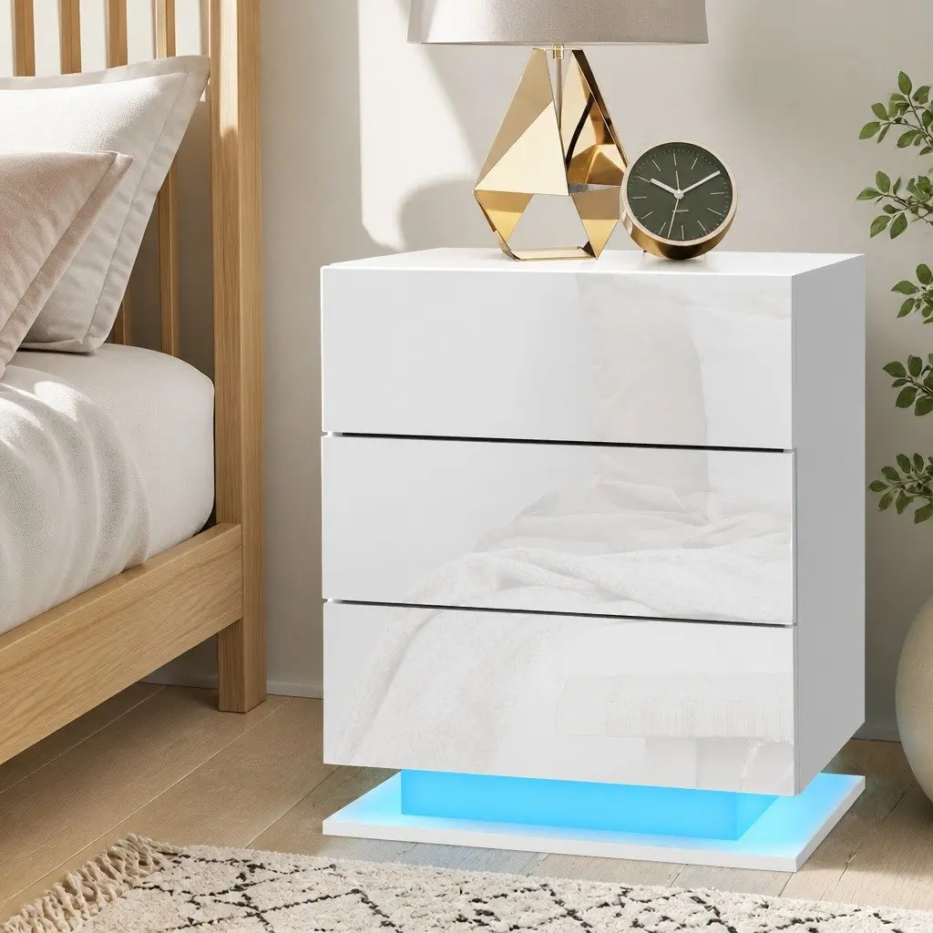 Bedside Table Modern White 3 Drawers LED Lighting Particle Board MDF