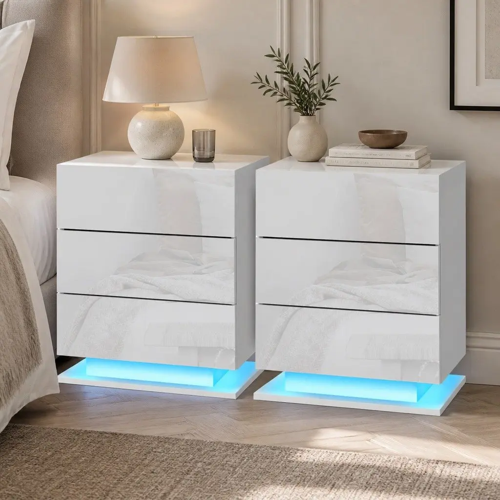 Bedside Table White Modern 3 Drawers LED Lighting Particle Board MDF