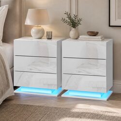 Bedside Table with LED Lighting 3 Drawers White Modern Bedroom Furniture