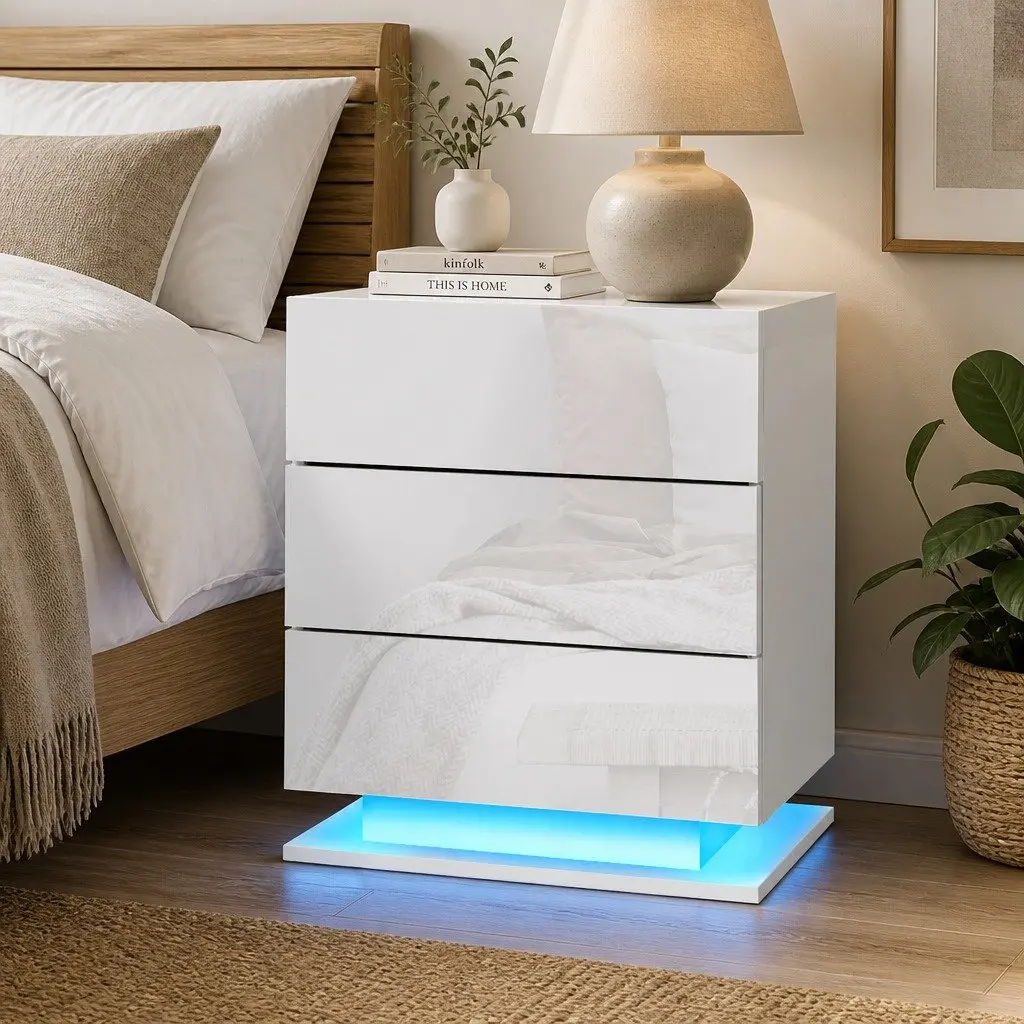 Bedside Table White Modern 3 Drawers LED Lighting Particle Board MDF