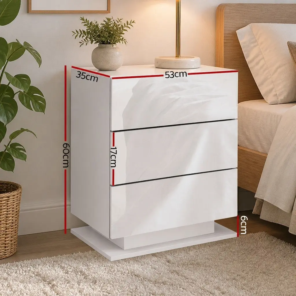 Bedside Table White Modern 3 Drawers LED Lighting Particle Board MDF
