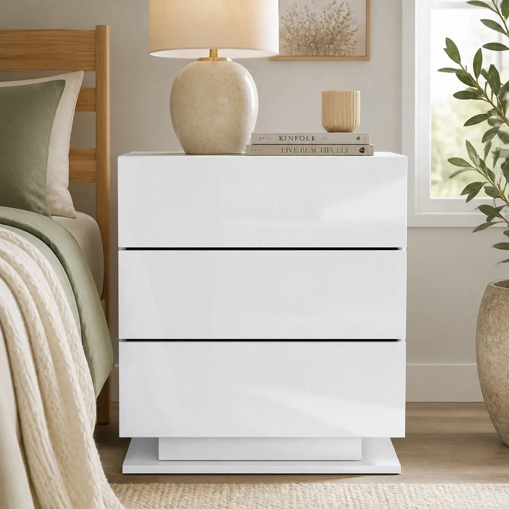 Bedside Table White Modern 3 Drawers LED Lighting Particle Board MDF