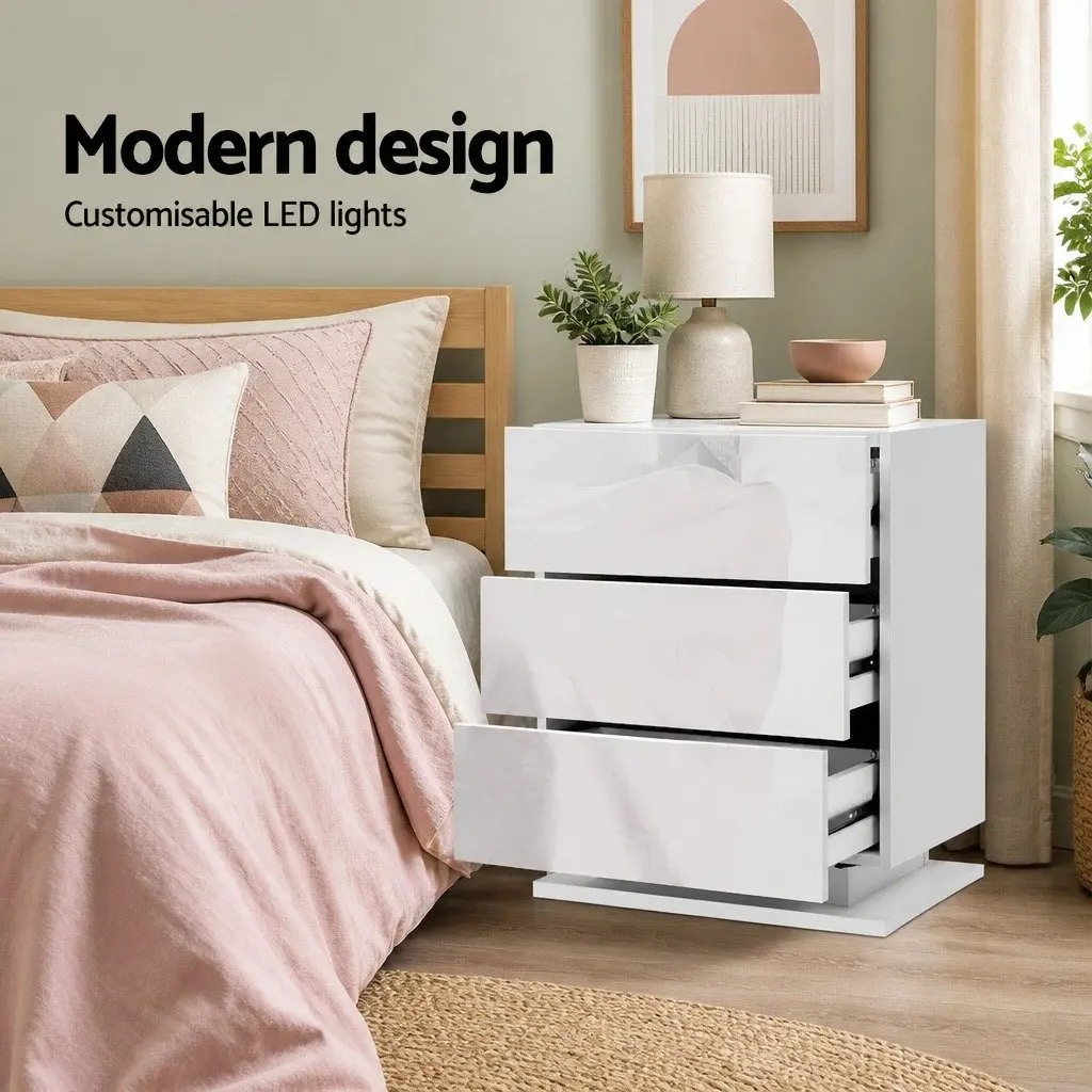 Bedside Table White Modern 3 Drawers LED Lighting Particle Board MDF