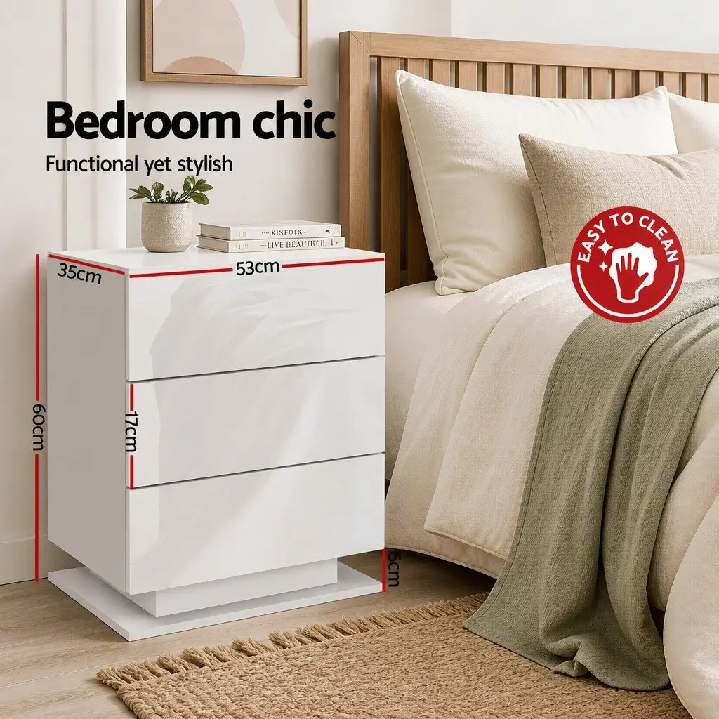 Bedside Table White Modern 3 Drawers LED Lighting Particle Board MDF