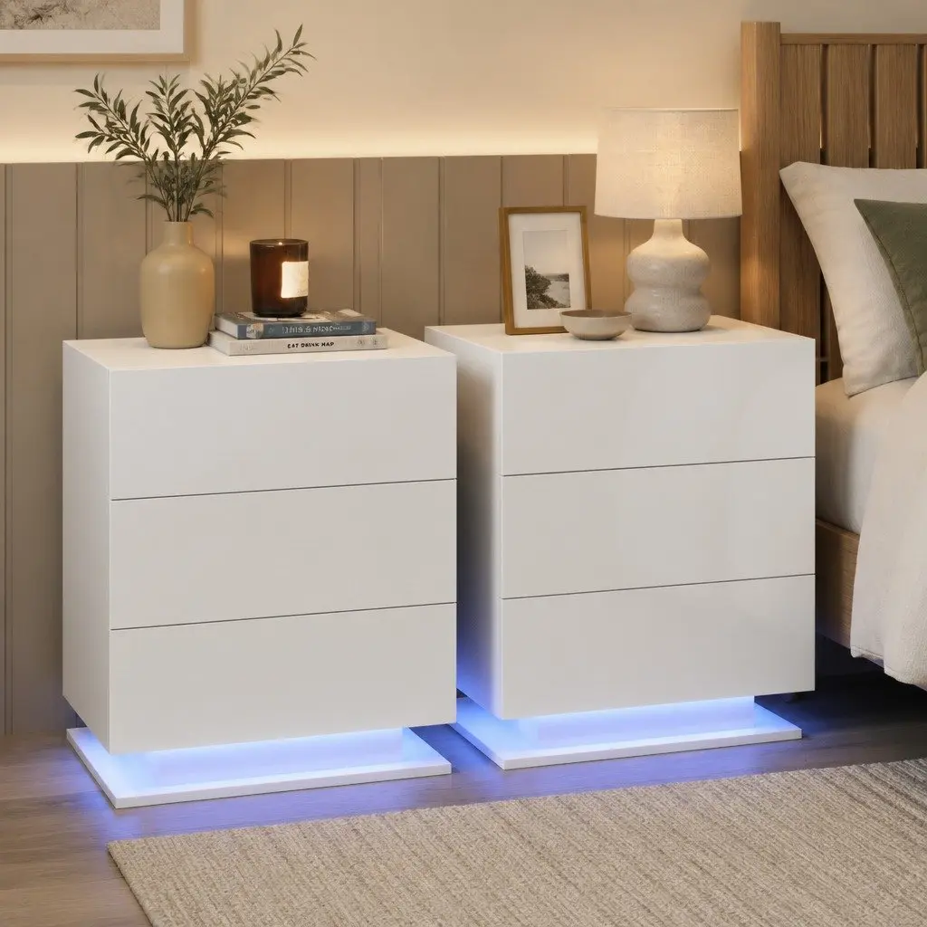 Bedside Table White Modern 3 Drawers LED Lighting Particle Board MDF