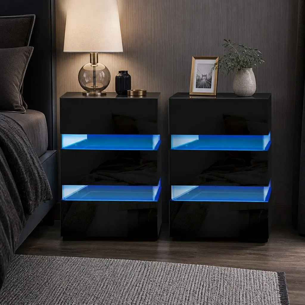 Black Bedside Table with LED Light and 3 Drawers