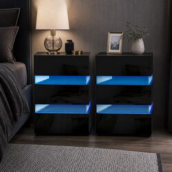 Modern Black Bedside Table with LED Light and 3 Drawers