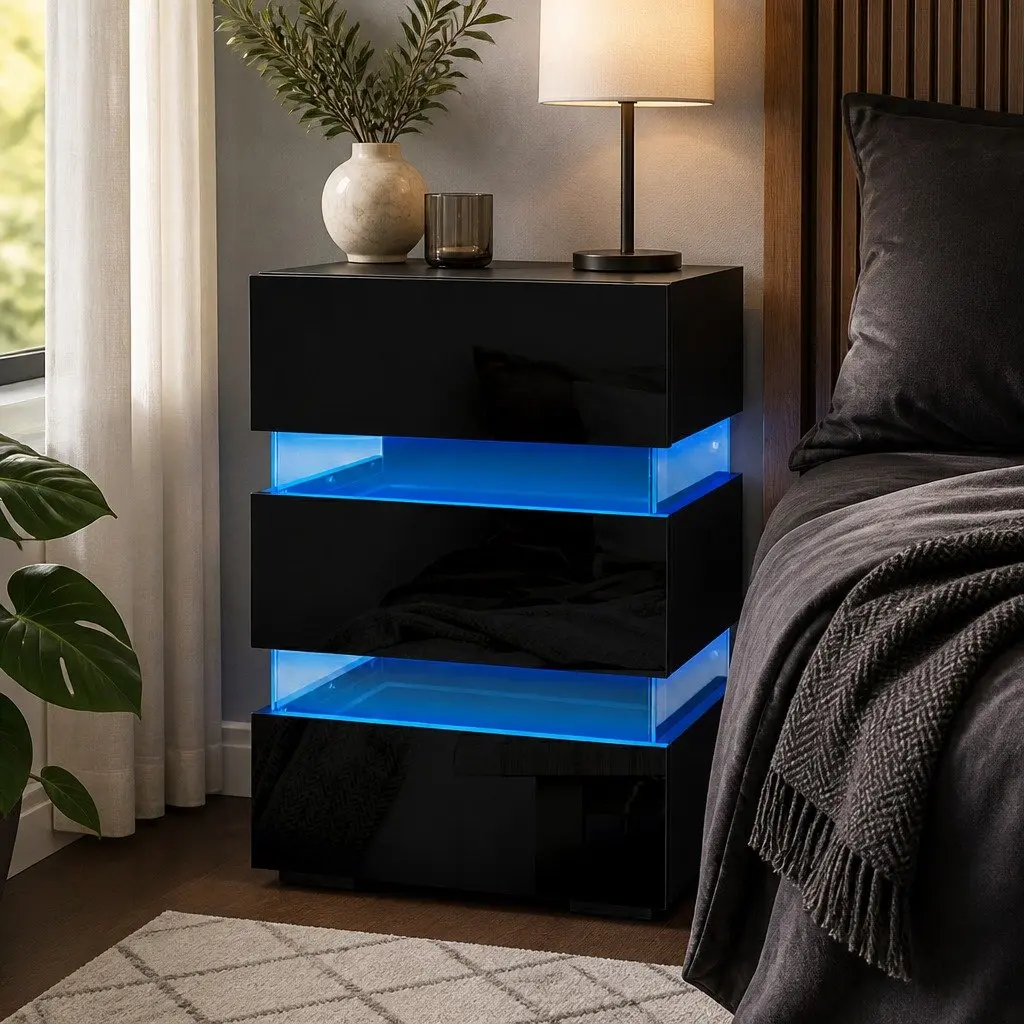 Black Bedside Table with LED Light and 3 Drawers