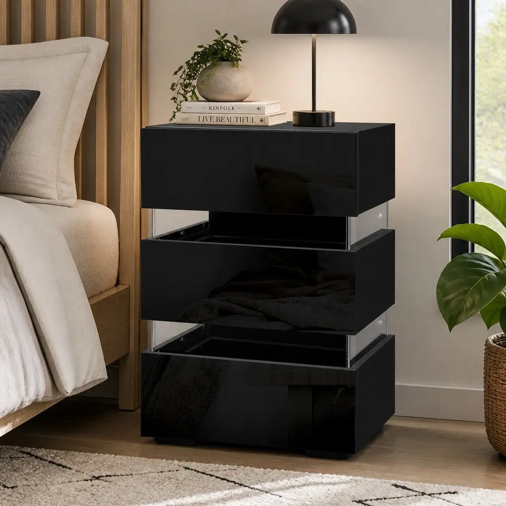 Black Bedside Table with LED Light and 3 Drawers