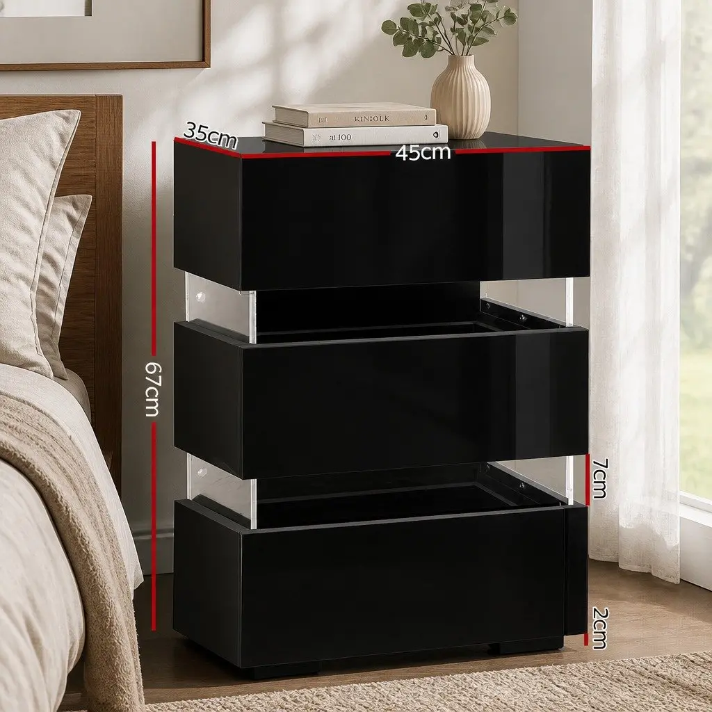 Black Bedside Table with LED Light and 3 Drawers