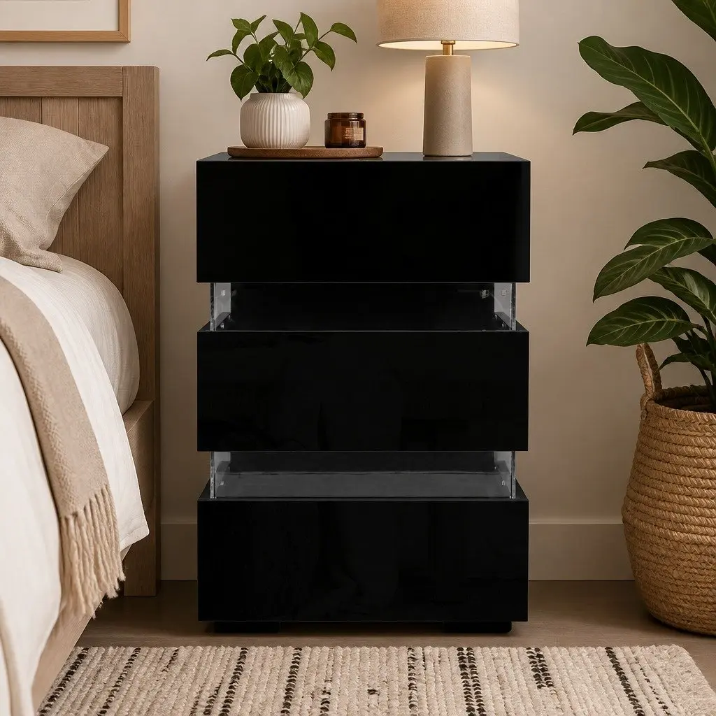 Black Bedside Table with LED Light and 3 Drawers