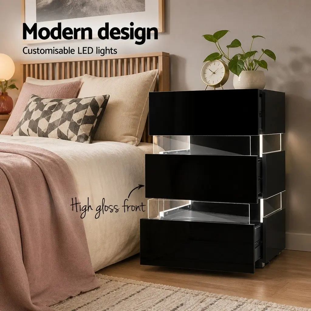 Black Bedside Table with LED Light and 3 Drawers