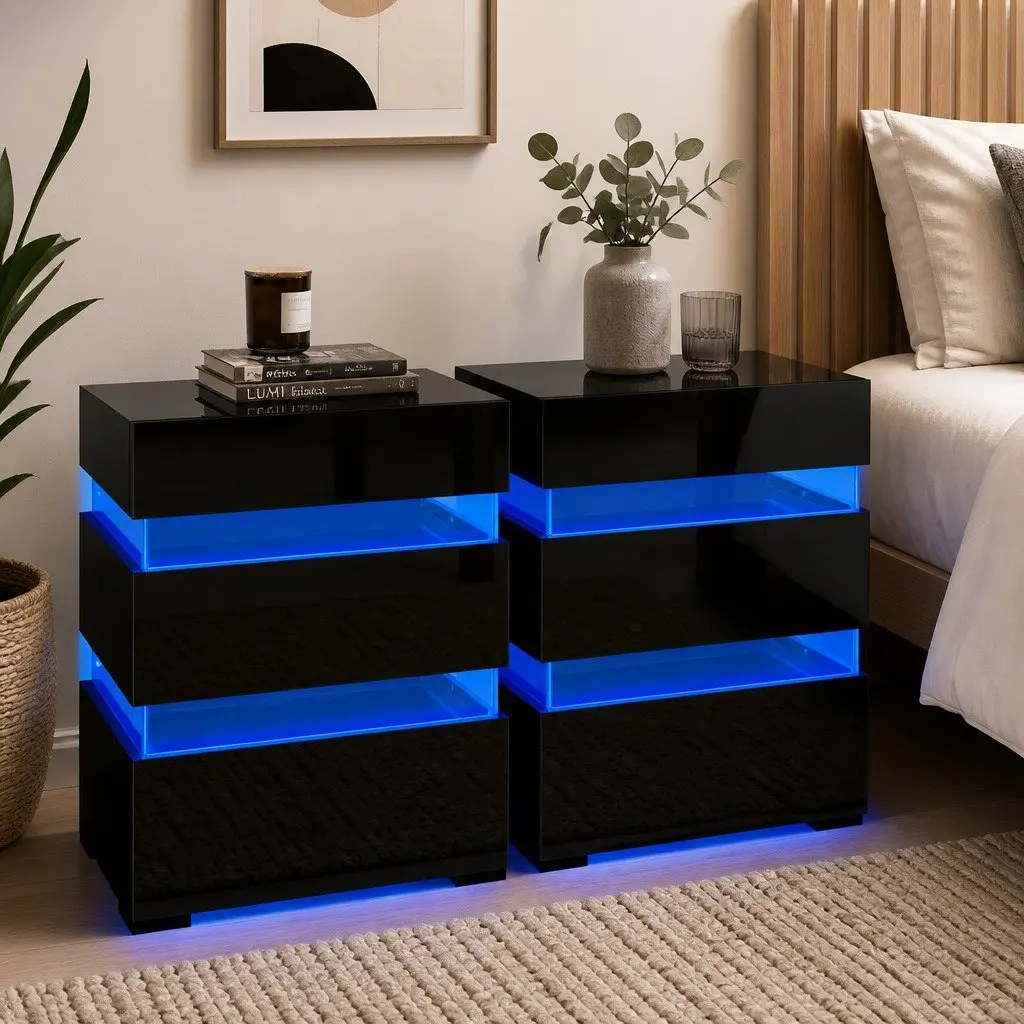 Black Bedside Table with LED Light and 3 Drawers