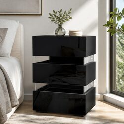 Modern Black Bedside Table with LED Lighting and Drawers