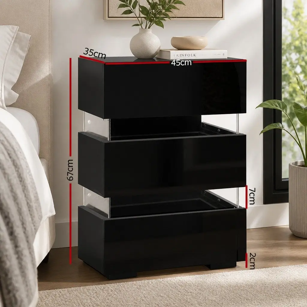 Bedside Table Modern Black 3 Drawers LED Light Particle Board Acrylic Glass