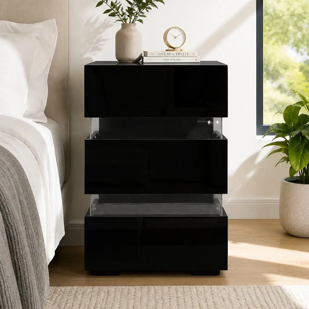 Bedside Table Modern Black 3 Drawers LED Light Particle Board Acrylic Glass