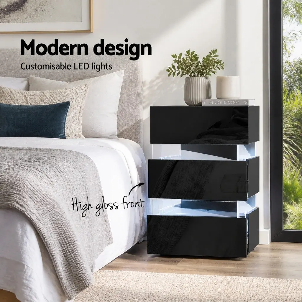 Bedside Table Modern Black 3 Drawers LED Light Particle Board Acrylic Glass