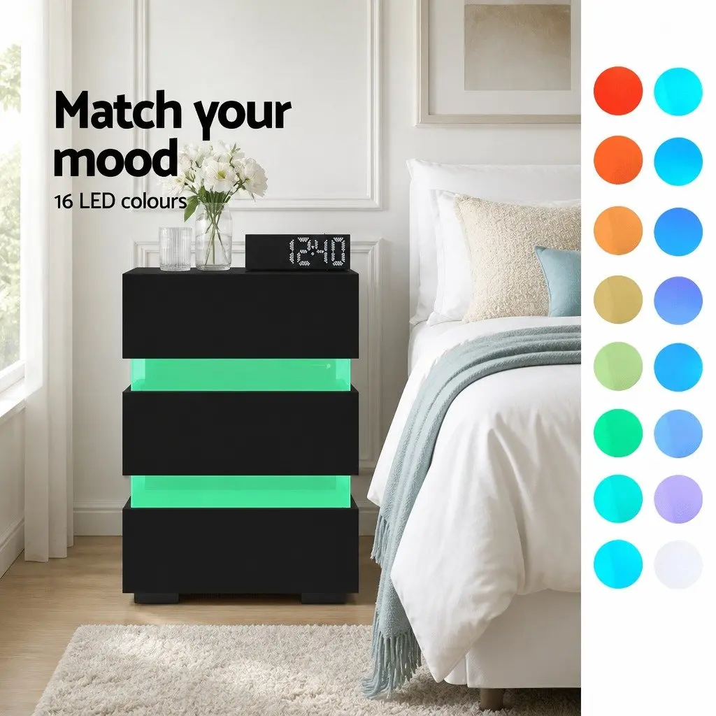Bedside Table Modern Black 3 Drawers LED Light Particle Board Acrylic Glass