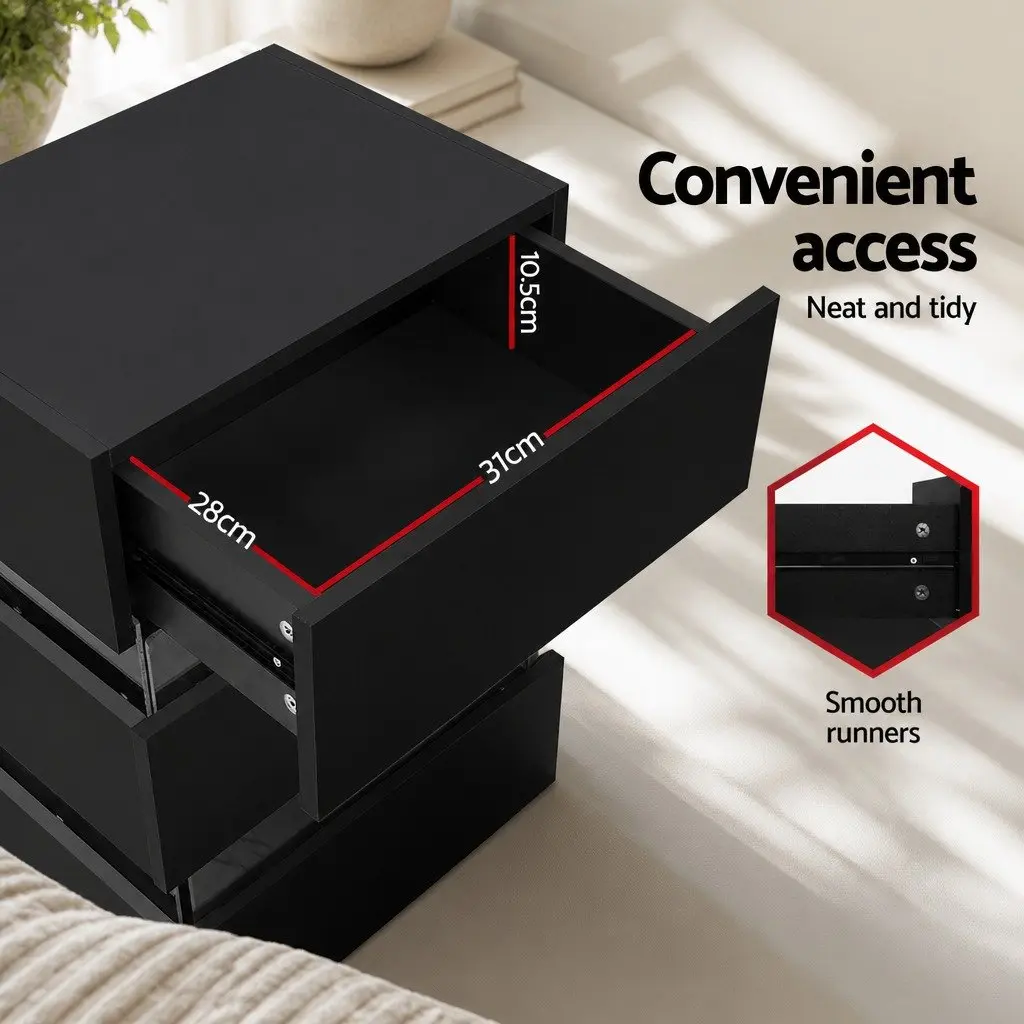 Bedside Table Modern Black 3 Drawers LED Light Particle Board Acrylic Glass