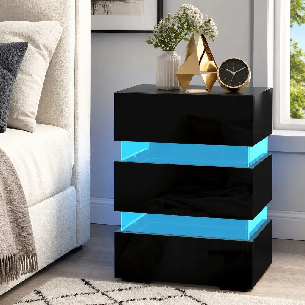 Bedside Table Modern Black 3 Drawers LED Light Particle Board Acrylic Glass
