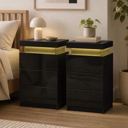 Modern Black Bedside Table with LED Lighting and Storage