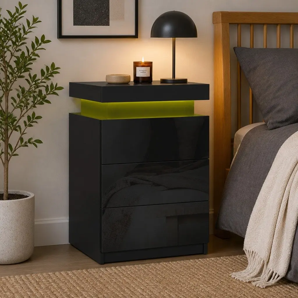 Black Bedside Table with LED Lighting and Storage