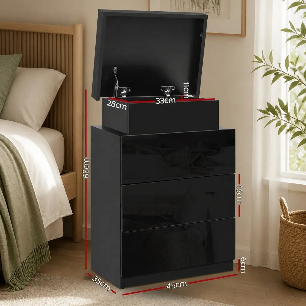 Black Bedside Table with LED Lighting and Storage