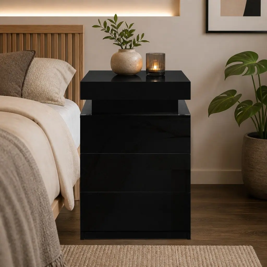 Black Bedside Table with LED Lighting and Storage