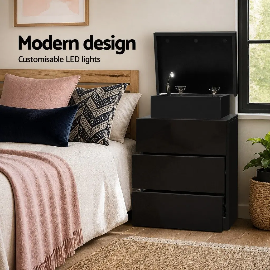 Black Bedside Table with LED Lighting and Storage