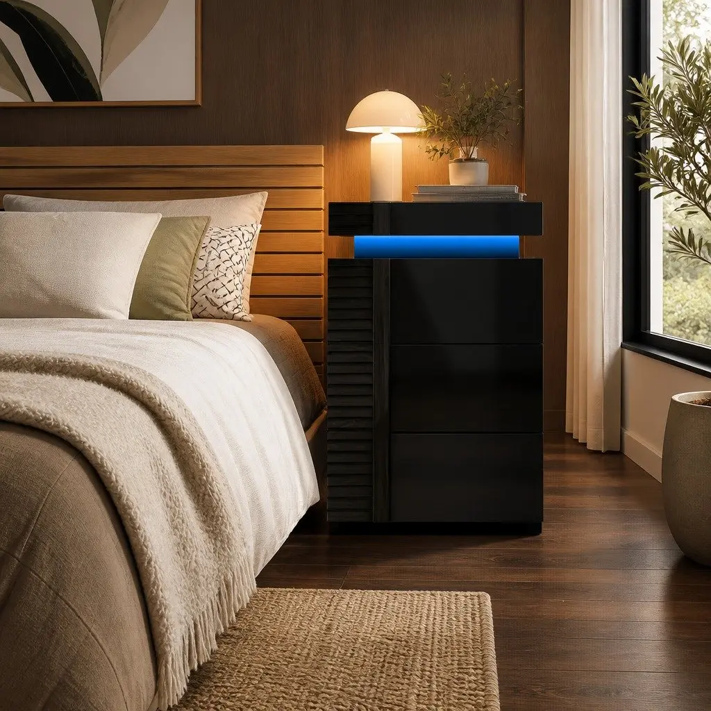Black Bedside Table with LED Lighting and Storage