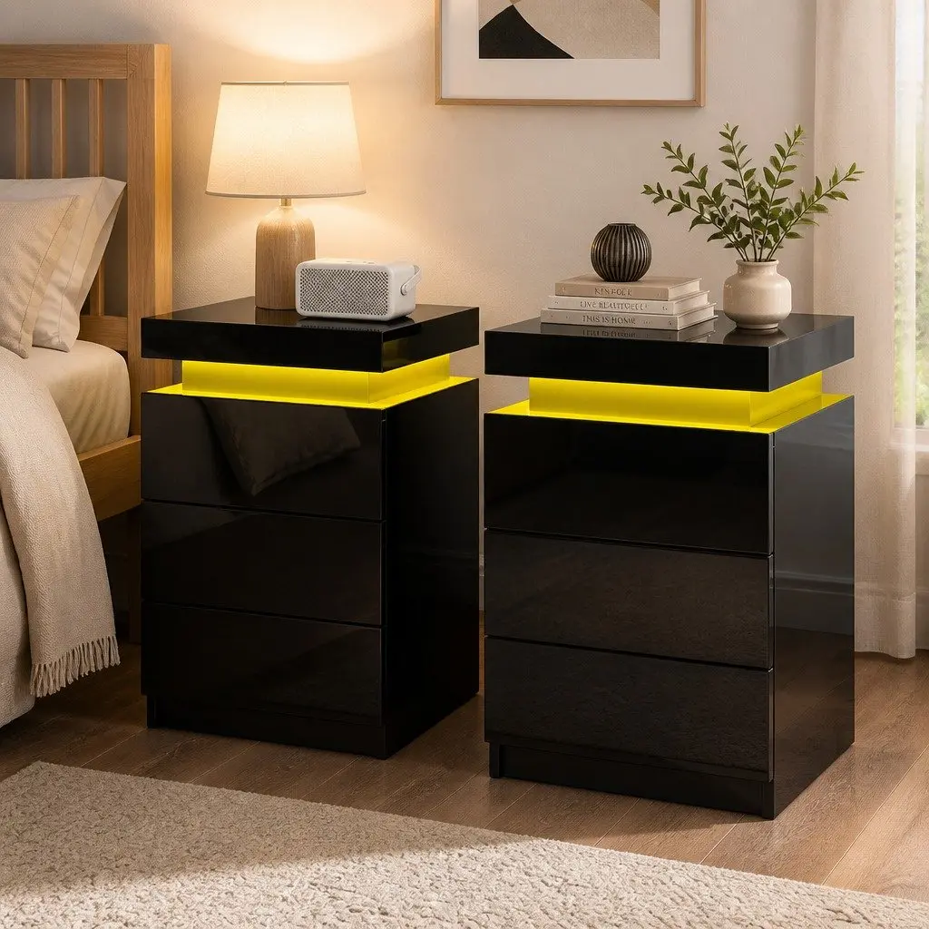Black Bedside Table with LED Lighting and Storage