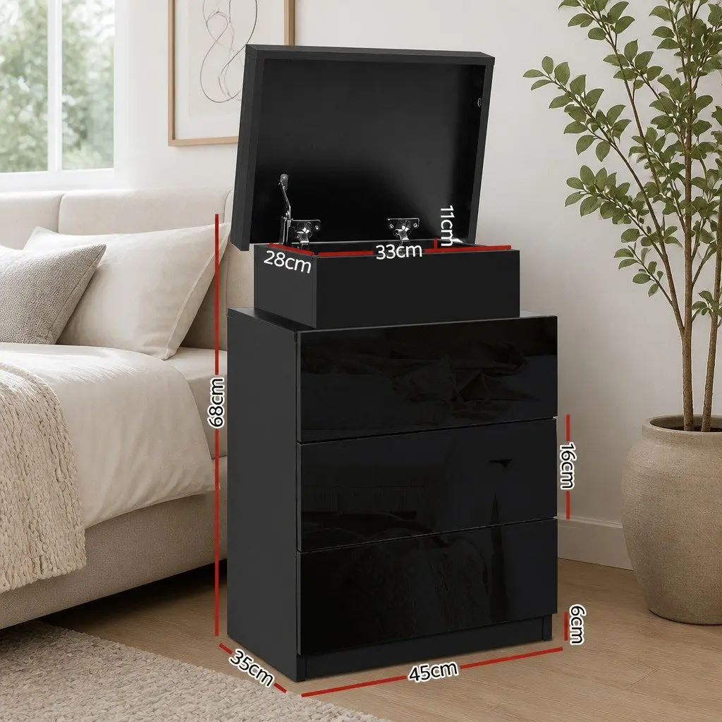 Bedside Table Modern Black 3 Drawers LED Lighting Particle Board MDF