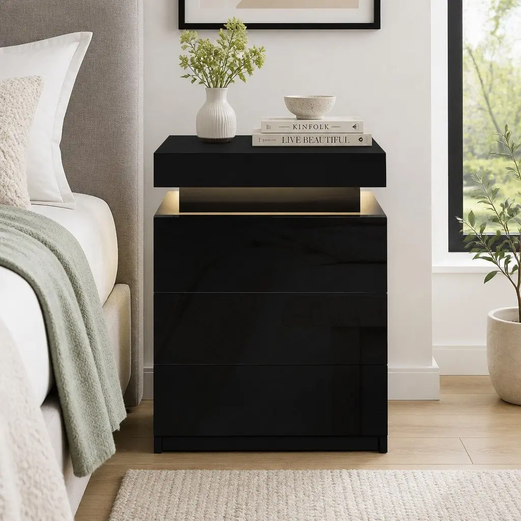 Bedside Table Modern Black 3 Drawers LED Lighting Particle Board MDF