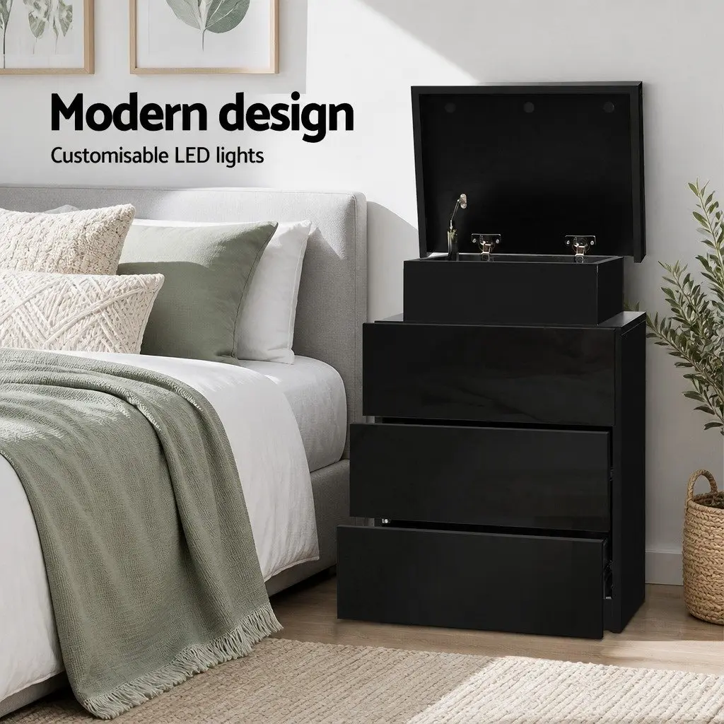 Bedside Table Modern Black 3 Drawers LED Lighting Particle Board MDF