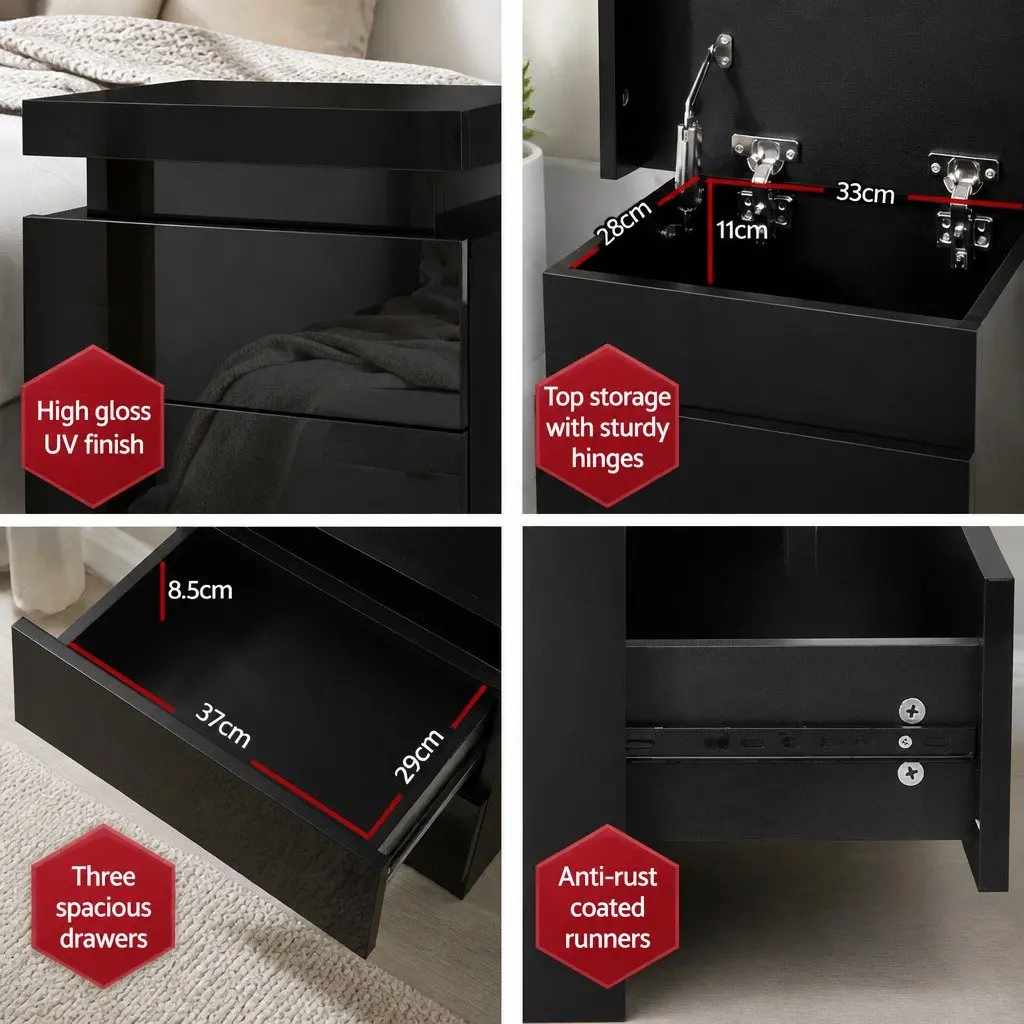 Bedside Table Modern Black 3 Drawers LED Lighting Particle Board MDF