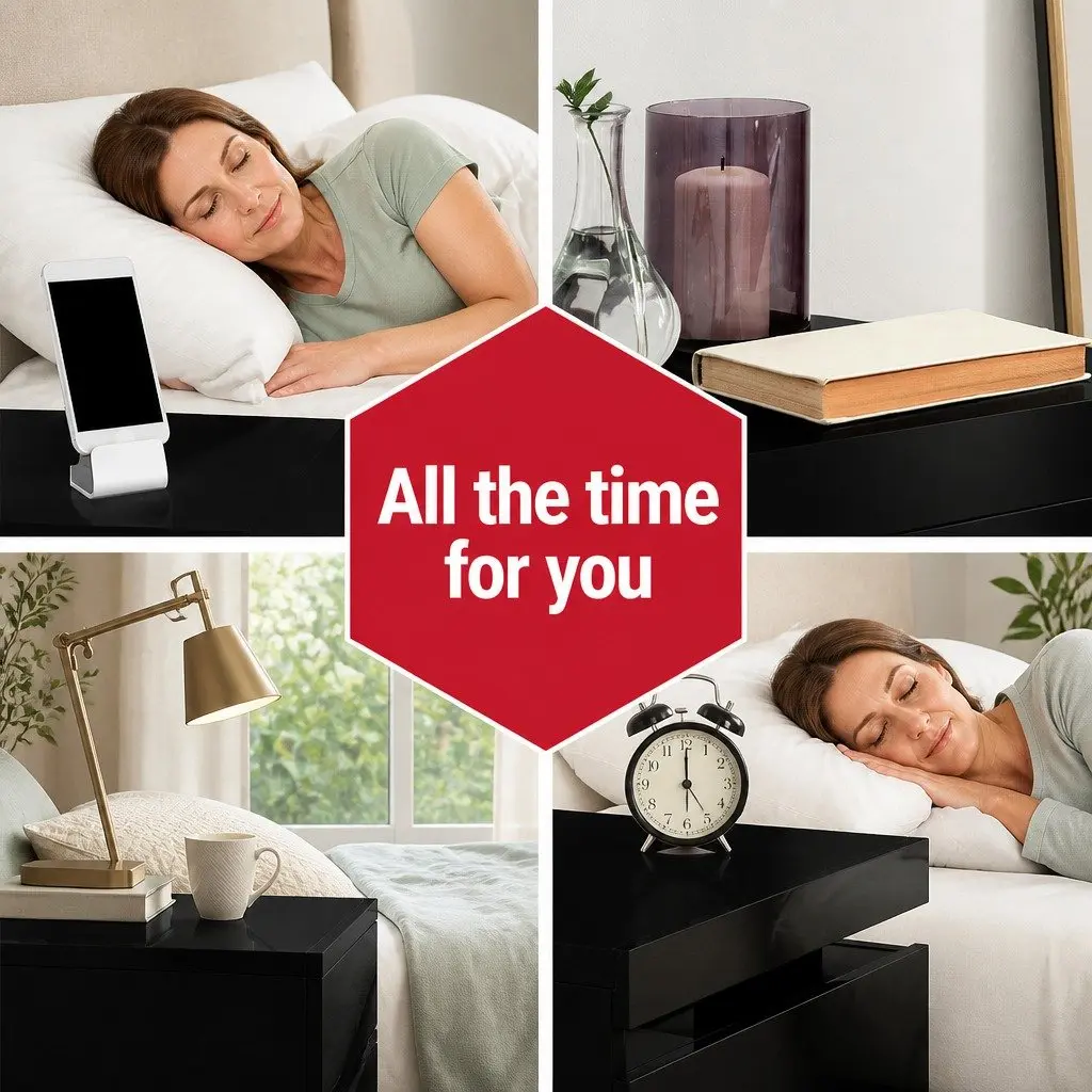 Bedside Table Modern Black 3 Drawers LED Lighting Particle Board MDF