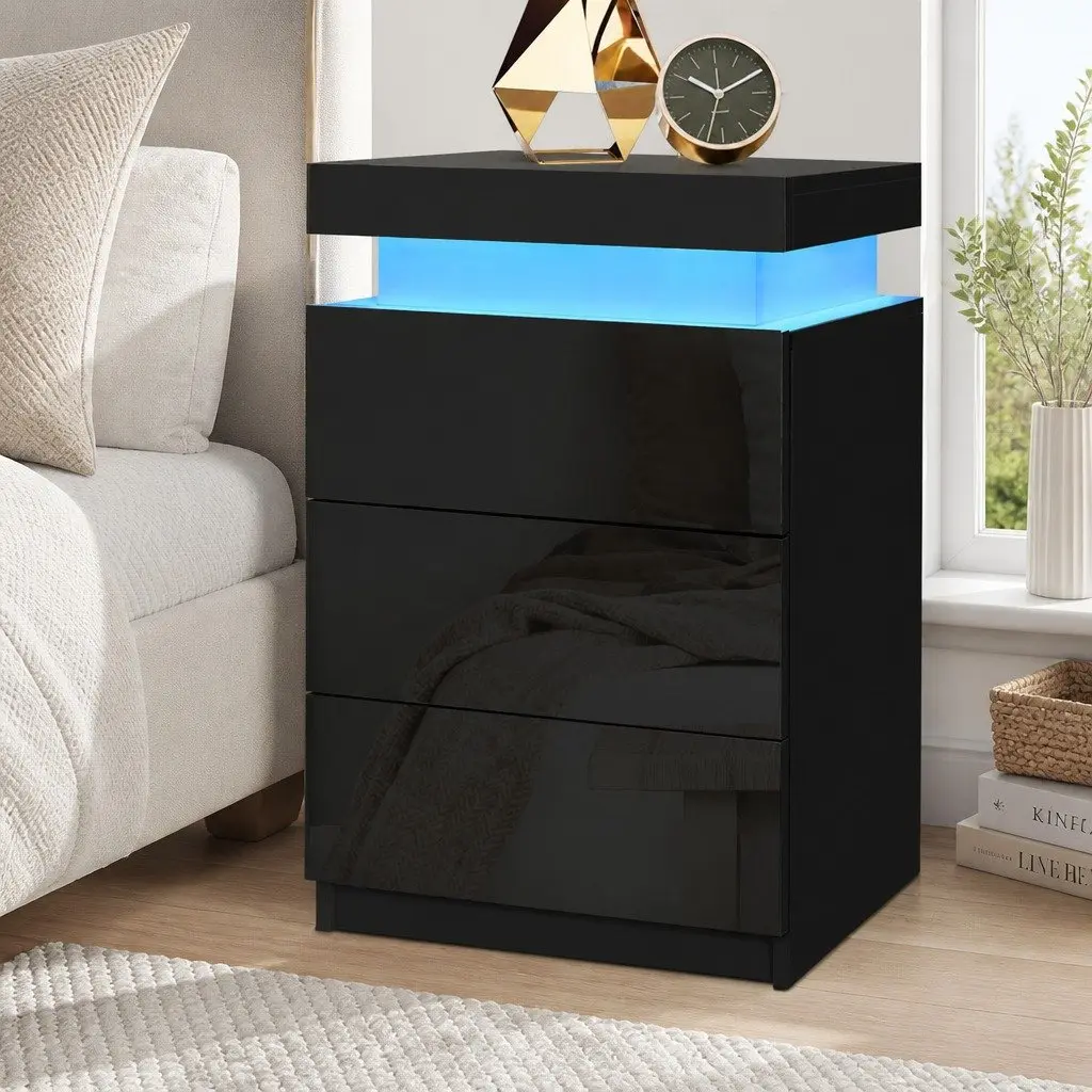 Bedside Table Modern Black 3 Drawers LED Lighting Particle Board MDF