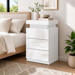 White Bedside Table with LED Lighting and 3 Drawers