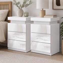 Modern White Bedside Table with LED Lighting and Storage