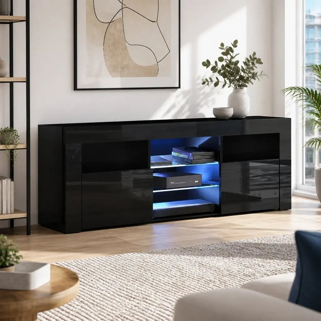 LED Entertainment Unit TV Cabinet Black 160cm Particle Board MDF