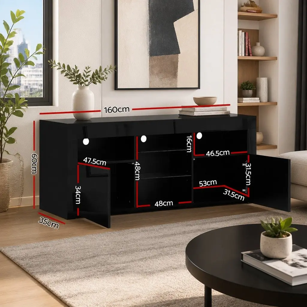 LED Entertainment Unit TV Cabinet Black 160cm Particle Board MDF