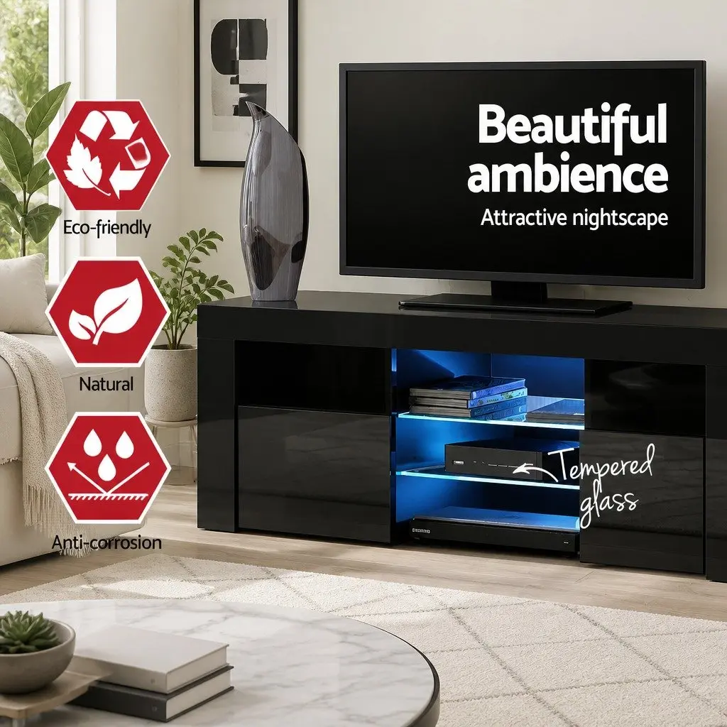 LED Entertainment Unit TV Cabinet Black 160cm Particle Board MDF