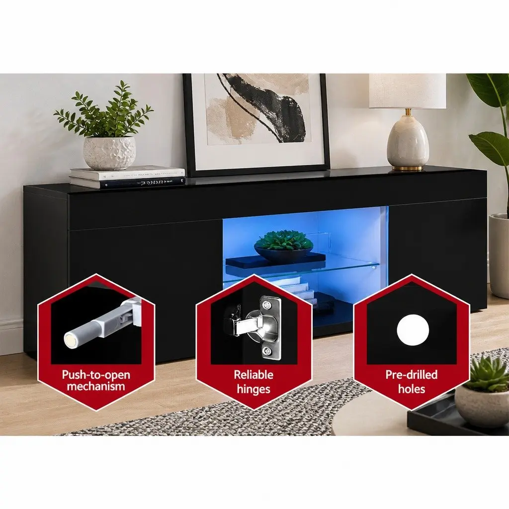 LED Entertainment Unit TV Cabinet Black 160cm Particle Board MDF