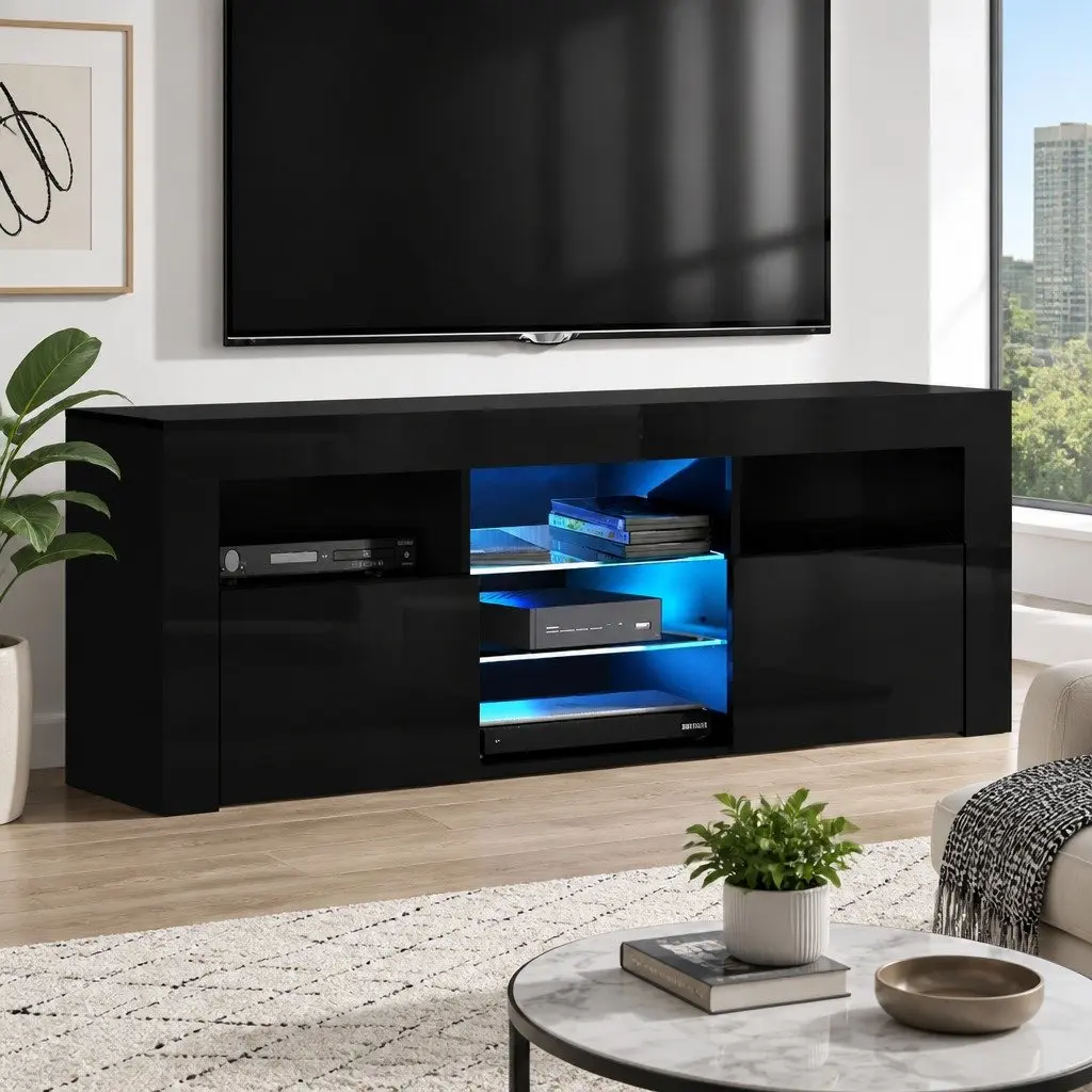 LED Entertainment Unit TV Cabinet Black 160cm Particle Board MDF