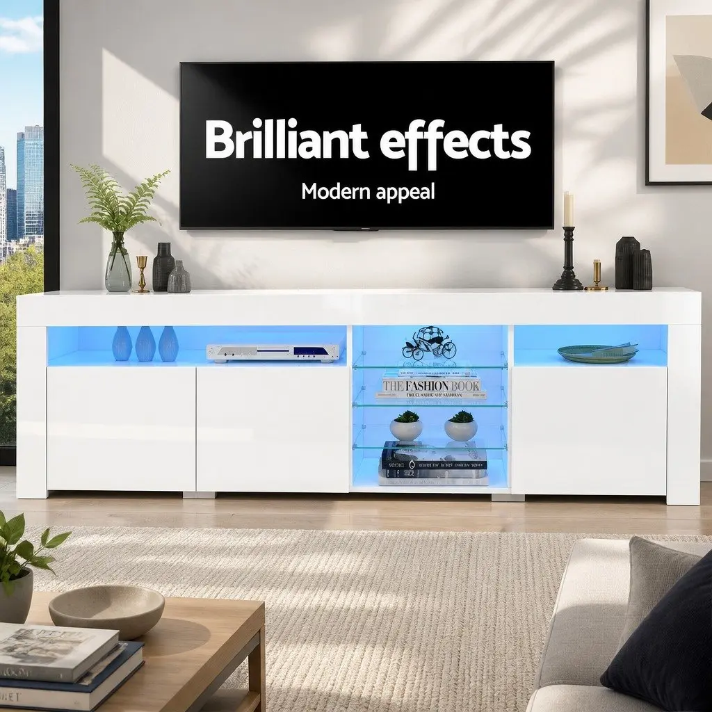 Entertainment Unit TV Cabinet with LED 180cm White Modern Living Room Storage