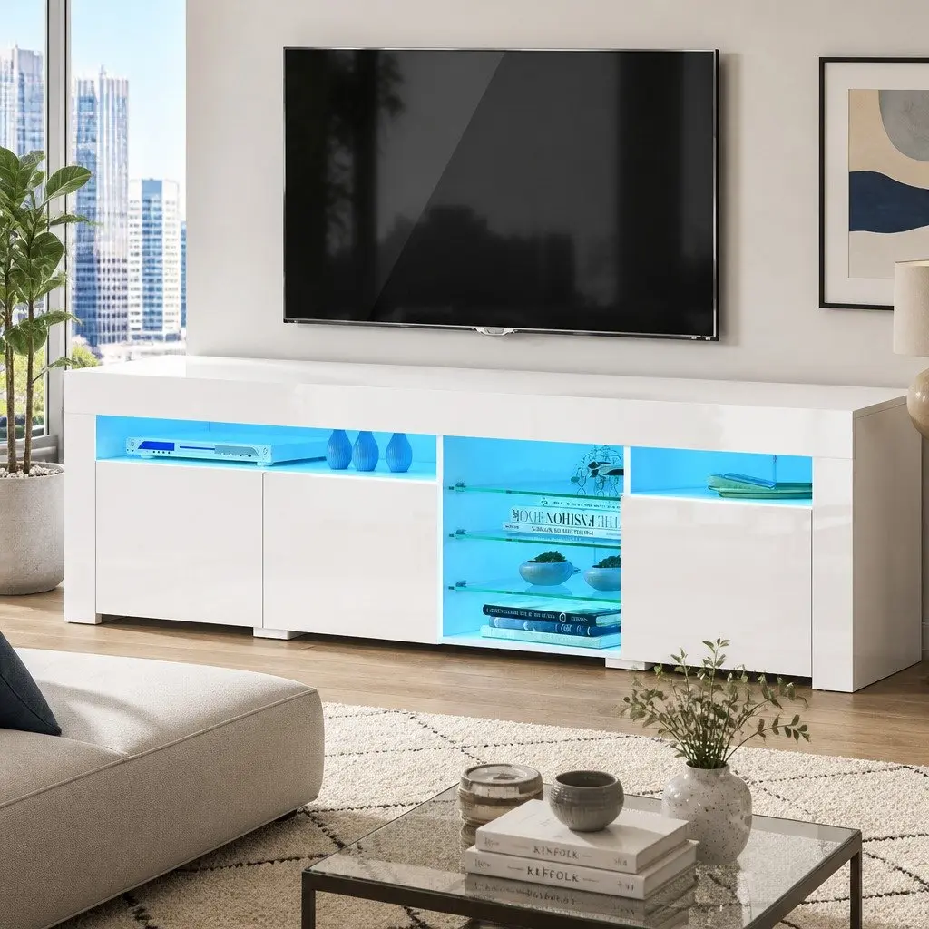 Entertainment Unit TV Cabinet with LED 180cm White Modern Living Room Storage
